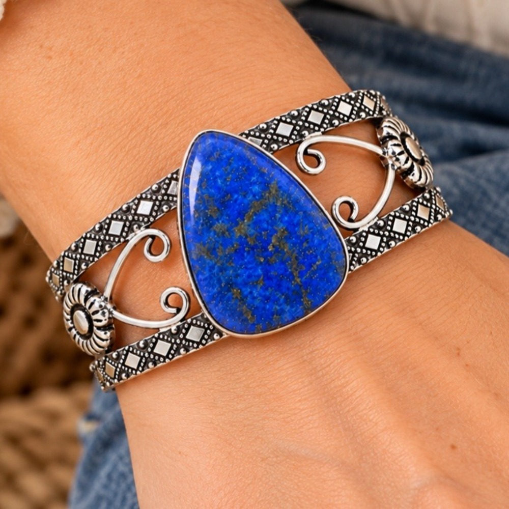 Lapis Lazuli Handmade Teardrop Cuff Bracelet Silver Tone Boho Floral Scroll New